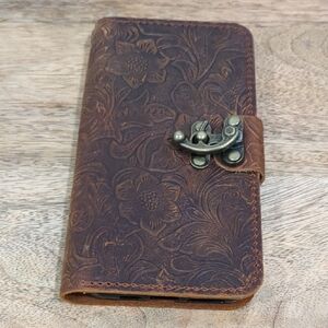 Floral Embossed Genuine Leather Phone Case With Card Slots
